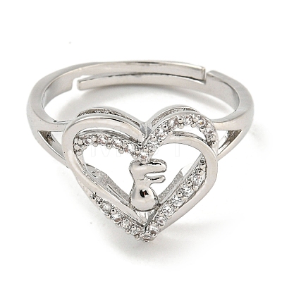 Heart with Letter Rack Plating Brass Micro Pave Clear Cubic Zirconia Adjustable Rings for Women RJEW-I105-01P-F-1