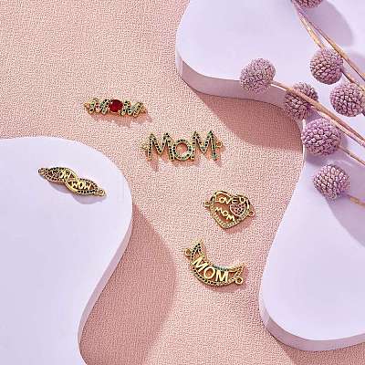 5Pcs 5 Styles Mother's Day Brass Micro Pave Colorful Cubic Zirconia Connector Charms ZIRC-SZ0004-58-1