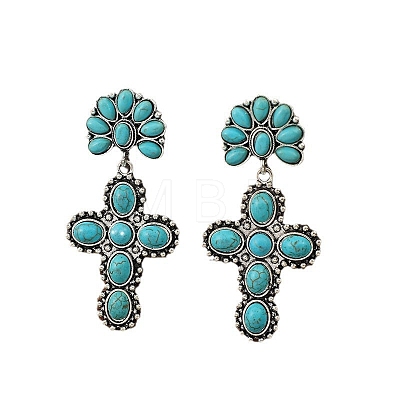 Synthetic Turquoise Cross Dangle Stud Earrings PW-WG58438-01-1