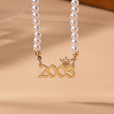Alloy Crown Birth Year Pendant Imitation Pearl Round White Beaded Necklaces for Women FS-WG173C9-42-1