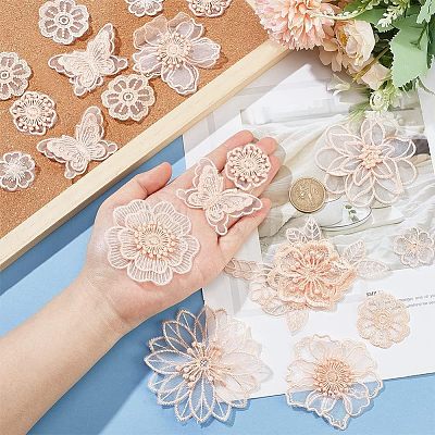  20 Pcs 9 Style Flower & Butterfly Organgza Lace Embroidery Ornament Accessories DIY-NB0007-72-1