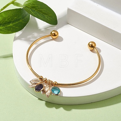 304 Stainless Steel Cuff Bangles with Brass Leaf Charms BJEW-JB10173-1