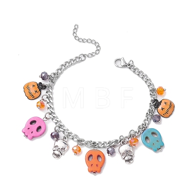Halloween Skull Dyed Synthetic Turquoise Charm Bracelets BJEW-TA00505-1