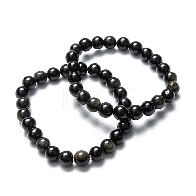 Natural Golden Sheen Obsidian Stretch Beaded Bracelets G-A185-01P-1