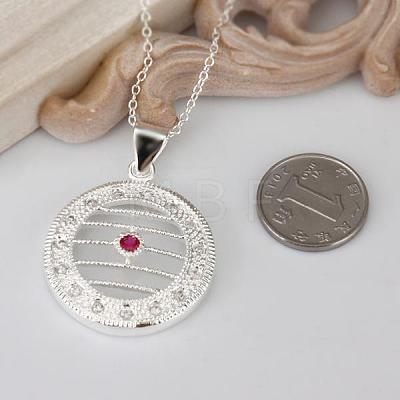 Simple Silver Color Plated Brass Cubic Zirconia Hollow Flat Round Pendant Necklaces For Women NJEW-BB12857-1