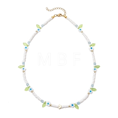 Faceted Round Dyed Natural White Jade & Flower Handmade Millefiori Glass & Glass Seed Beaded Necklaces for Women NJEW-MZ00150-03-1