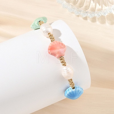 Glazed Porcelain Beads & Natural Cultured Freshwater Pearl Braided Bead Bracelets BJEW-JB14202-01-1