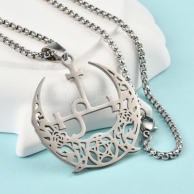 304 Stainless Steel Hollow Crescent Moon Pendant Box Chain Necklaces NJEW-M086-02P-1