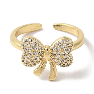 Bowknot Brass Micro Pave Clear Cubic Zirconia Open Cuff Rings for Women RJEW-C098-03G-1