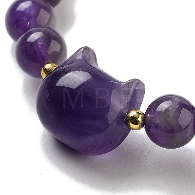 Round & Cat Head Natural Amethyst Beaded Stretch Bracelets for Women BJEW-K251-03A-1