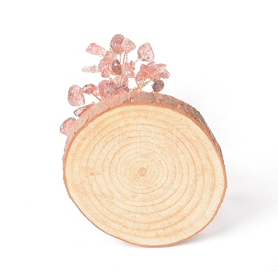 Natural Strawberry Quartz Chips with Brass Wrapped Wire Money Tree on Wood Base Display Decorations DJEW-B007-05E-1