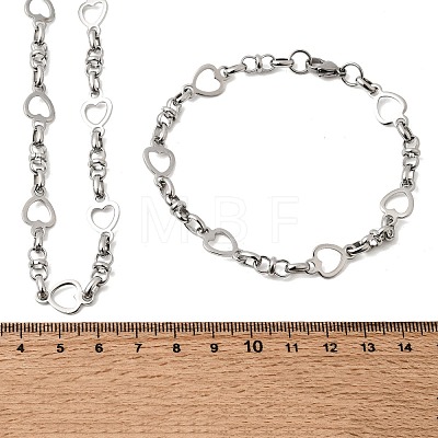 304 Stainless Steel Heart Link Chain Bracelet & Necklace Jewelry Sets SJEW-L199-08P-1