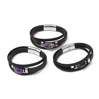 Natural Amethyst & Braided Microfiber Leather Multi-strand Bracelets for Women Men GG-CBAEA55-01C-1
