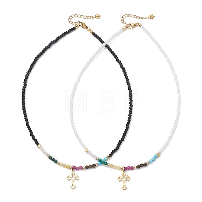 2Pcs 2 Colors 304 Stainless Steel Cross Pendant Natural Ruby & Golden Sheen Obsidian & Rose Quartz & Malachite & Yellow Opal Round & Electroplated Glass Rondelle Beaded Necklaces for Women NJEW-JN05611-1