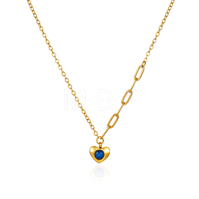 304 Stainless Steel Pave Blue Cubic Zirconia Heart Pendant Cable Chain Necklaces for Women OU4344-1-1
