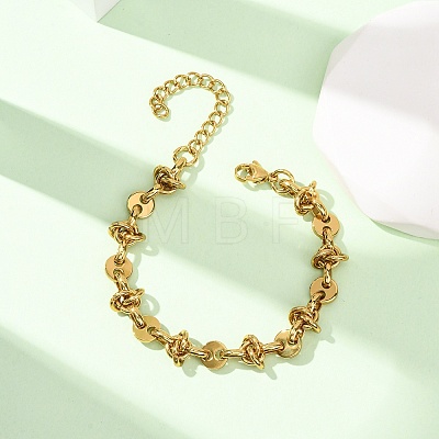 304 Stainless Steel Flat Round & Knot Link Chain Bracelets for Women BJEW-F536-08G-1