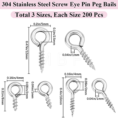 Beebeecraft 600Pcs 3 Styles 304 Stainless Steel Screw Eye Pin Peg Bails STAS-BBC0005-13-1