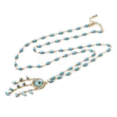Boho Brass Resin Blue Evil Eye Pendant Necklaces with Dyed Natural Howlite Chip Tassel NJEW-L014-01G-1