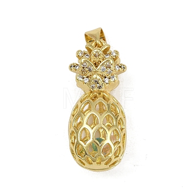 Brass Micro Pave Clear Cubic Zirconia Pineapple Bead Cage Pendants KK-I358-009G-1
