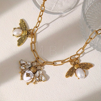 Alloy Crystal Rhinestone Bees Pendant Bib Pendant Necklaces with Imitation Pearl FS-WGD3FB1-01-1