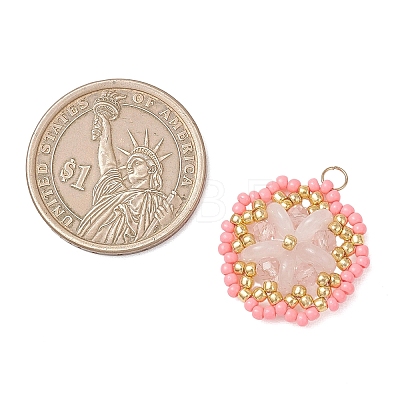 Natural Rose Quartz & Glass Seed Beaded Flower Pendants PALLOY-MZ01211-01-1