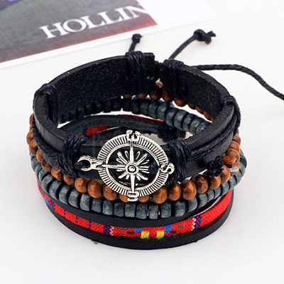 Adjustable Compass Alloy Braided Leather Cord Wooden Beaded Multi-strand Bracelets BJEW-P0001-18-1