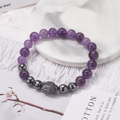 Natural Mixed Stone & Non-magnetic Synthetic Hematite Round Beads Energy Power Stretch Bracelet for Girl Women BJEW-JB07043-1