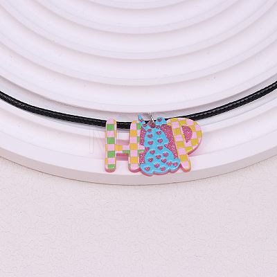 Colorful Happy Easter Acrylic Plaid Pendant Black Waxed Cord Necklaces for Women FS-WGC6641-02-1