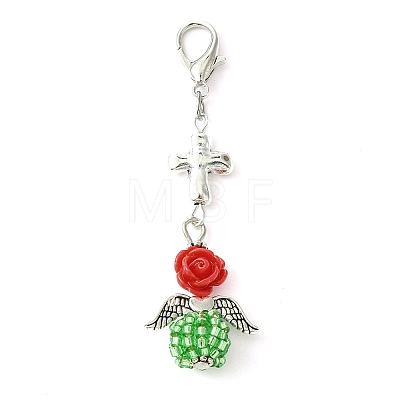 Angel Cross & Rose Resin & Glass Pendant Decoration HJEW-MZ00091-1