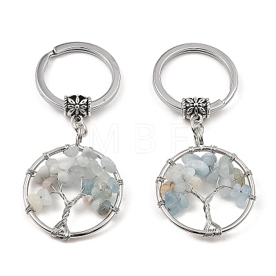 Natural Aquamarine Flat Round with Tree of Life Pendant Keychain KEYC-E023-03K-1