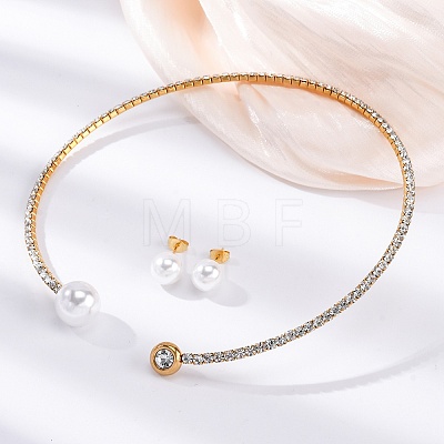 Round Plastic Imitation Pearl Stud Earrings & Cubic Zirconia Rhinestone Cuff Choker Necklaces Sets SJEW-U003-07G-1