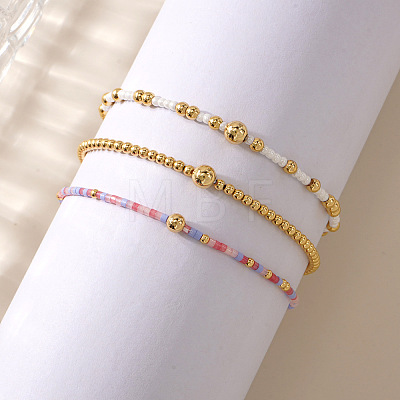 3Pcs 3 Styles Glass Seed Beads & Brass Beads Stretch Bracelets Set for Women VQ8944-1-1