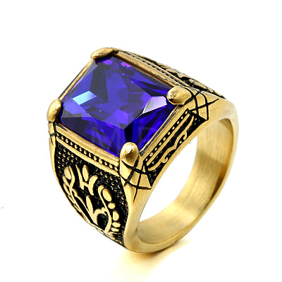 316L Stainless Steel & Cubic Zirconia Men's Vintage Carved Finger Rings FS-WG82D33-45-1