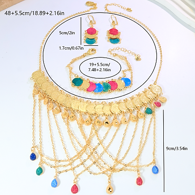 Fashion Brass Teardrop Tassel Coin Earrings & Necklace & Bracelet Sets for Women VY0534-1