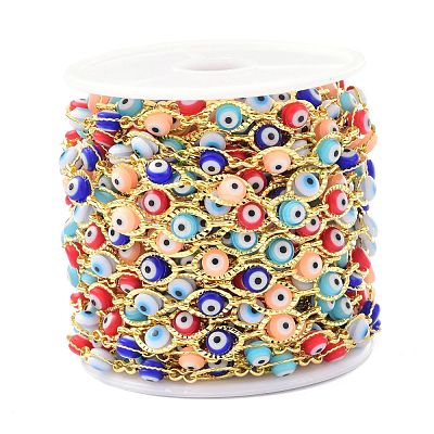 304 Stainless Steel & Evil Eye Glass Beads Link Chain CHS-D034-01G-1