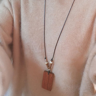 Wood Rectangle Pendant Black Waxed Cord Necklaces for Women WG2AEC3-01-1