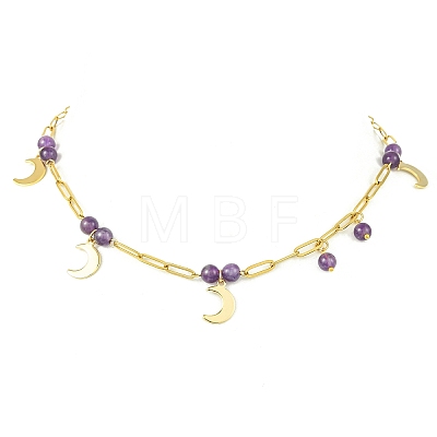 304 Stainless Steel Paperclip Chain Moon Pendant Necklaces with Natural Amethyst Beads for Women NJEW-JN06251-01-1