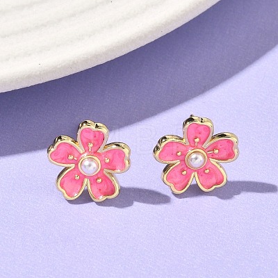 Flower Brass & ABS Plastic Pearl Stud Earrings EJEW-P336-07G-07-1