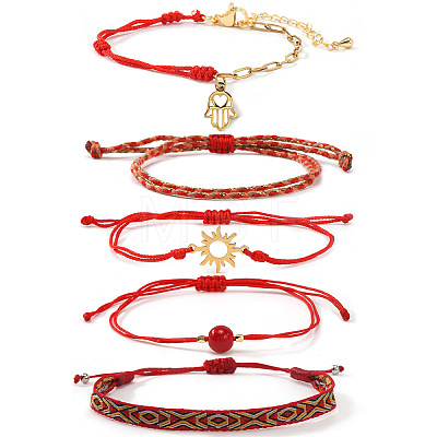 5Pcs 5 Styles Braided Nylon Thread Bracelet & 304 Stainless Steel Link & Charm Bracelets & Glass & Seed Bead Braided Bead Bracelet Set for Women KZ3324-5-1