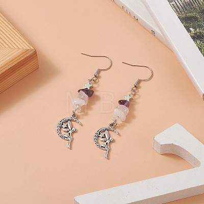 Alloy Charm with Natural Mixed Gemstone Chips Dangle Earrings EJEW-JE05225-01-1