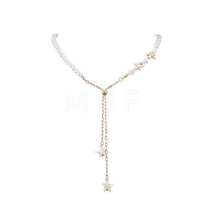Ocean White Round Shell Pearl Beaded Slider Necklaces NJEW-JN06076-1