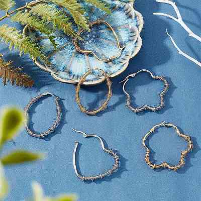 Unicraftale 6 Pairs 6 Style Heart & Flower & Oval 304 Stainless Steel Wire Wrapped Hoop Earrings EJEW-UN0001-84-1