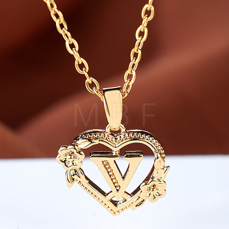 Brass Rose Flower Heart with Letter Pendant Cable Chain Necklaces FS-WG42461-22-1