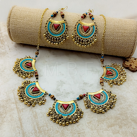 Bohemian Alloy Enamel & Wood Bead & Glass & Resin Tassel Pendant Necklaces & Dangle Earrings Sets FS-WG7EA3D-01-1