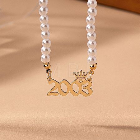 Alloy Crown Birth Year Pendant Imitation Pearl Round White Beaded Necklaces for Women FS-WG173C9-42-1