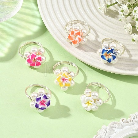 Silver Tone Copper Wire Wrapped Polymer Clay 3D Flower Plumeria & Shell Pearl Beaded Finger Rings RJEW-JR01098-1