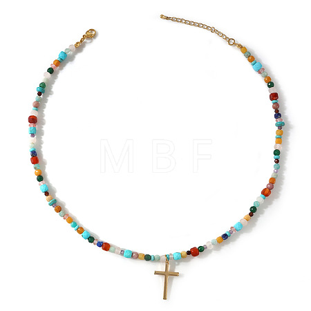 304 Stainless Steel Cross Pendant Paux Pearl & Glass & Mixed Stone Beaded Necklaces for Women WU1738-1-1