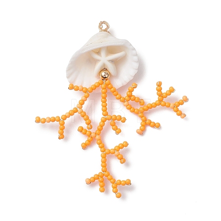 Glass Seed Beaded & Clam Shell Big Pendants PALLOY-MZ01152-03-1
