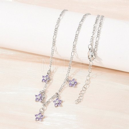 Brass Pave Lilac Cubic Zirconia Flower Pendant Figaro Chain Bib Necklaces for Women NJEW-F364-01P-1