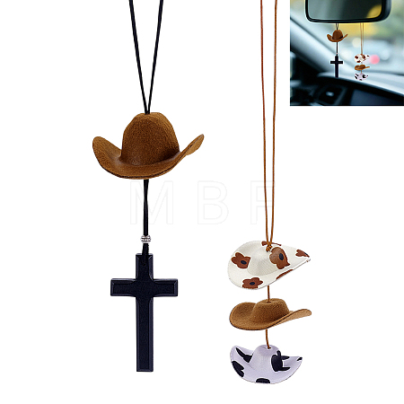 2Pcs 2 Styles Cloth & EVA Cowboy Hat with Cross Birch Wooden Pendant Decorations HJEW-ME00120-1